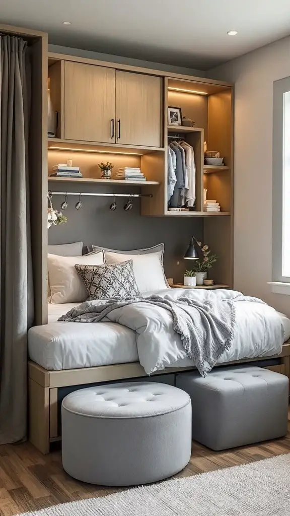 Cozy small bedroom with multi-functional furniture including a bed with a workspace and a storage ottoman
