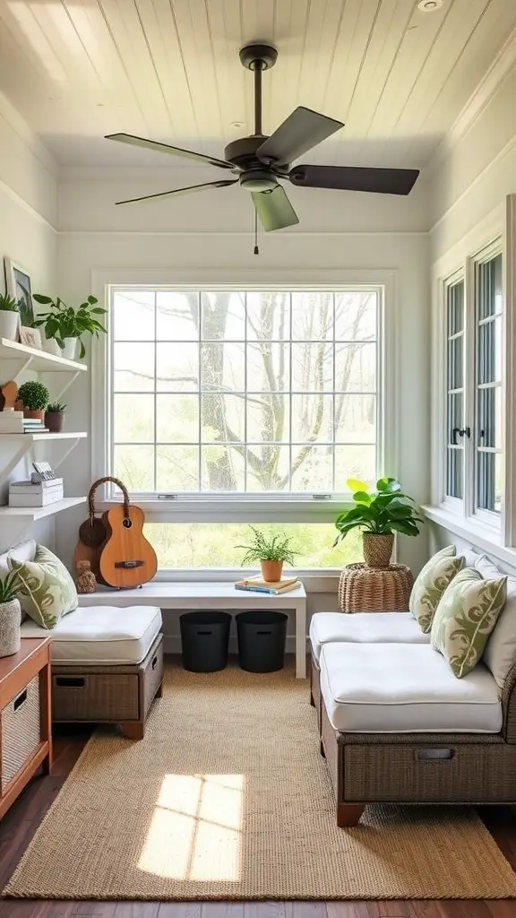 A cozy sunroom with comfortable seating, a coffee table, and a shelving unit for storage and decoration.