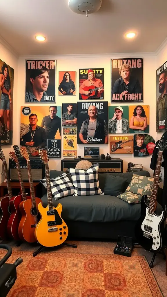 Cozy corner showcasing various musical instruments and posters.