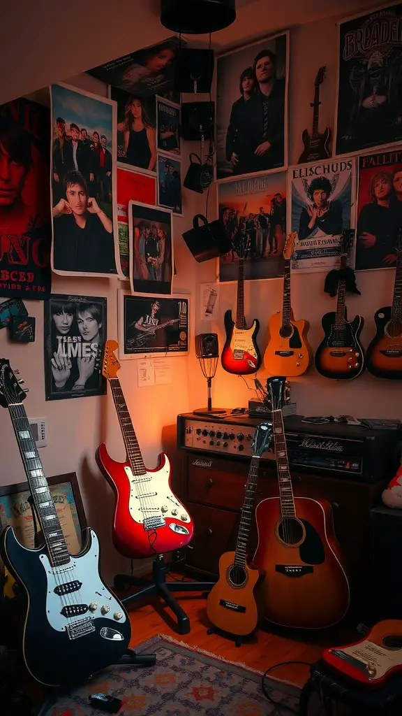 A cozy music lover's room featuring guitars, music posters, and an amplifier.