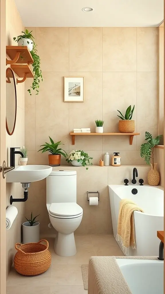 A bathroom featuring a muted beige and cream palette, with plants and black fixtures, creating a serene atmosphere.
