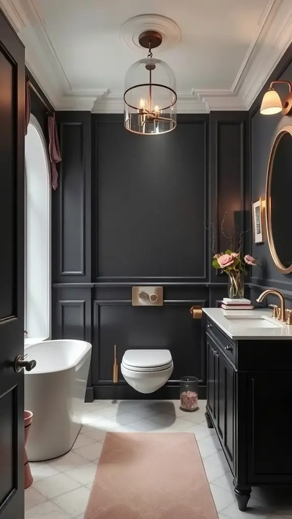 A stylish bathroom featuring muted charcoal walls and dusty rose accents.
