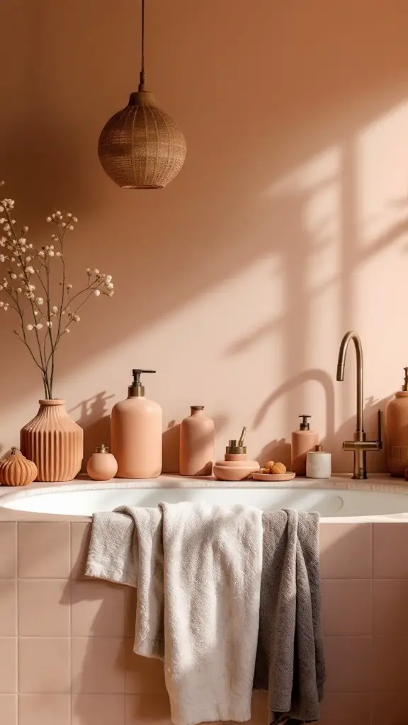 A calming bathroom featuring muted clay accents, including a clay bathtub and sink, with decorative elements and warm tones.