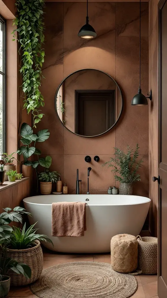 Bathroom with muted clay walls and deep green plants, featuring a bathtub and natural decor elements.
