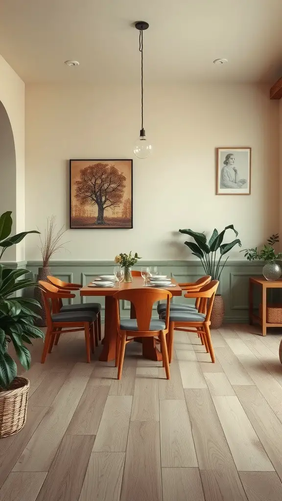 A dining area featuring a muted color palette with earthy tones, plants, and simple decor.