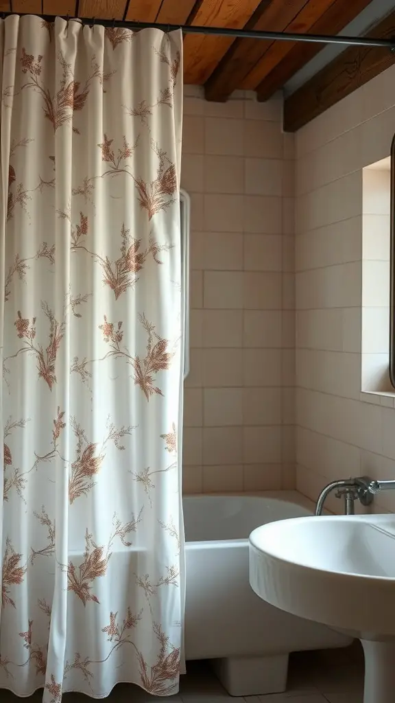 A bathroom with a muted floral-patterned curtain, featuring earthy tones and a serene vibe.