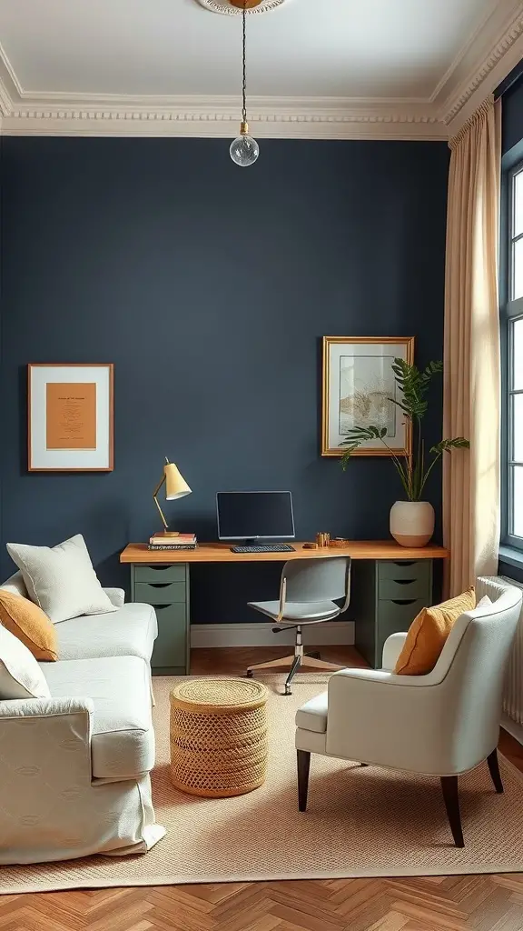 A cozy home office featuring muted indigo walls and creamy beige furniture.