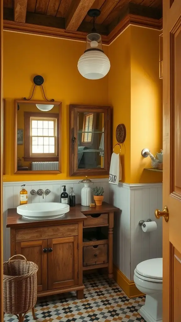 A cozy bathroom with muted mustard yellow walls, wooden accents, and a patterned floor.