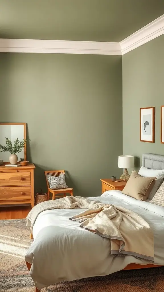 A cozy bedroom with muted olive green walls, wooden furniture, and layered bedding.