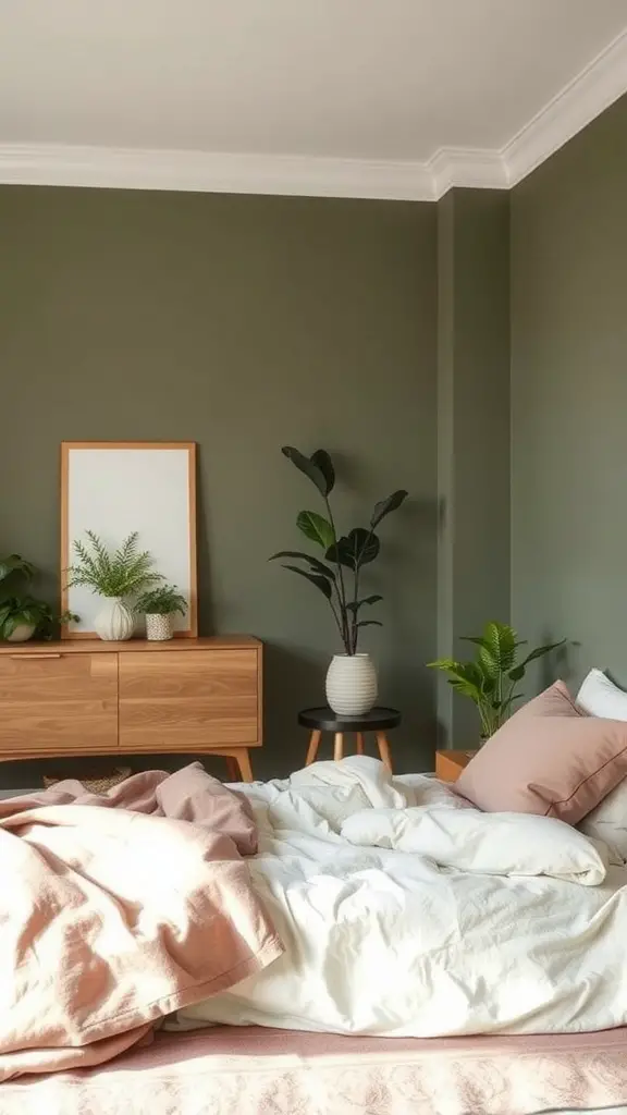A cozy bedroom featuring muted olive green walls, a bed with dusty rose pillows, and indoor plants.