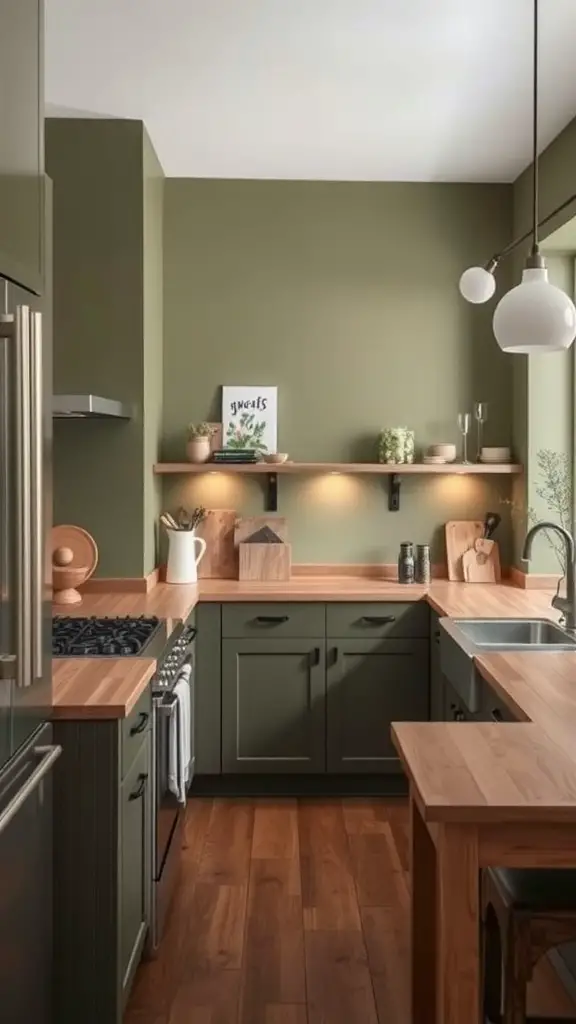 A cozy kitchen with muted olive green walls, wooden beams, light cabinetry, and open shelves displaying dishes.