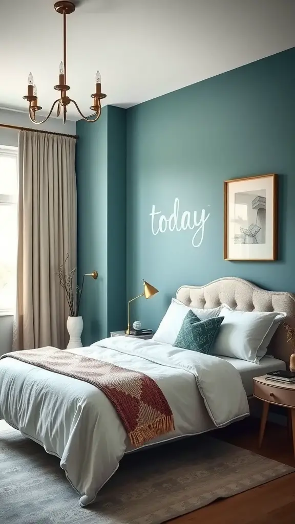 A serene bedroom featuring muted teal walls, a comfortable bed with light blue bedding, framed artwork, and indoor plants.