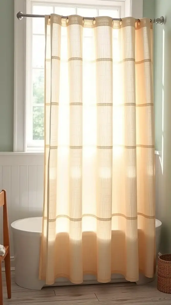 A bathroom curtain made of natural cotton twill, softly draping near a bathtub.