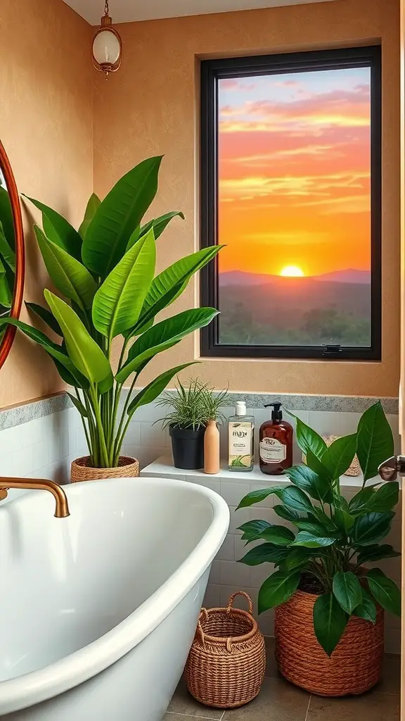 A bathroom adorned with plants and a sunset view, featuring a tub and a warm glow.