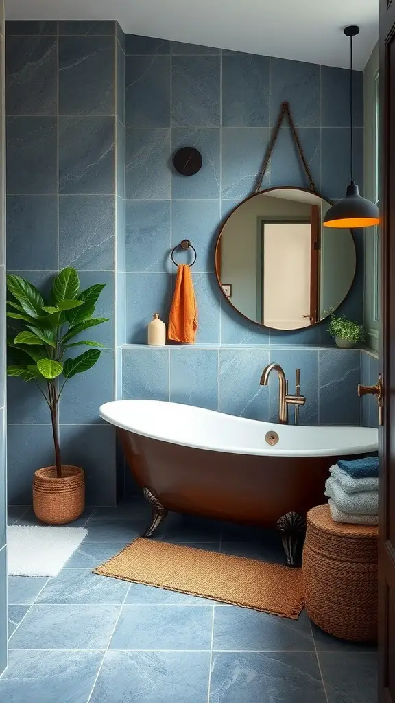 A modern bathroom featuring blue walls, wooden elements, natural decor, and contemporary fixtures.