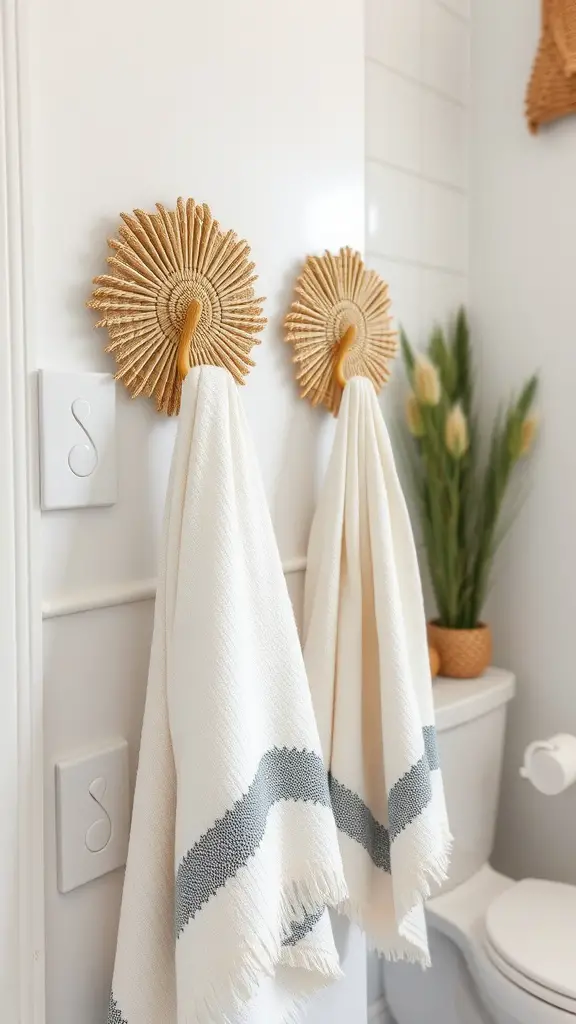 Two natural fiber rope towel hooks with striped towels hanging, adorned with a starfish decoration.