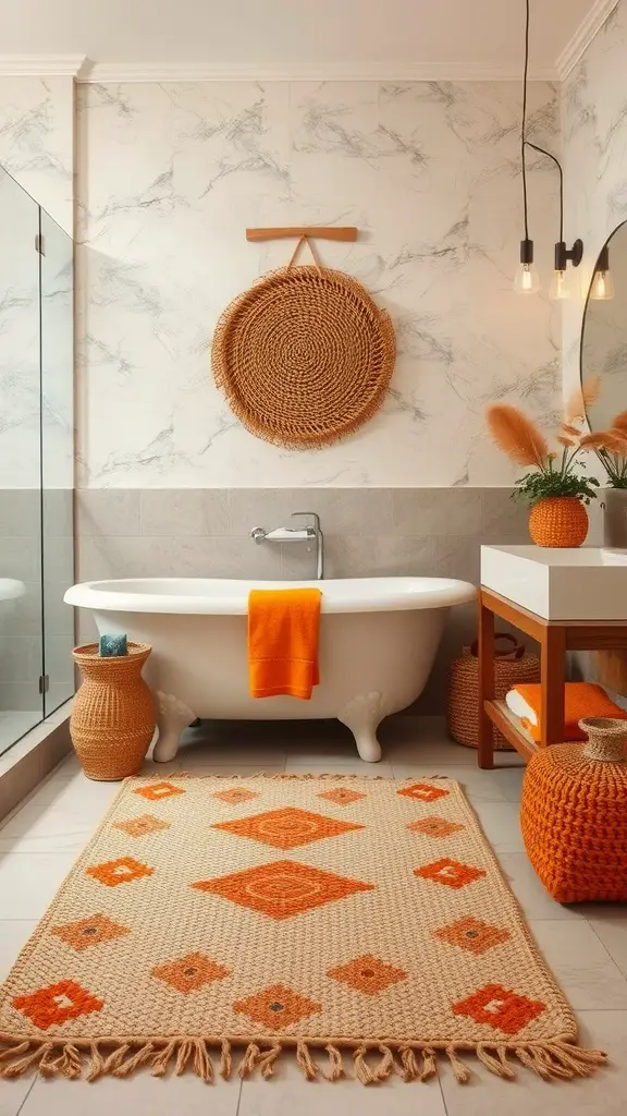 Bathroom featuring natural fiber rugs in earthy orange tones with woven baskets and a cozy atmosphere.