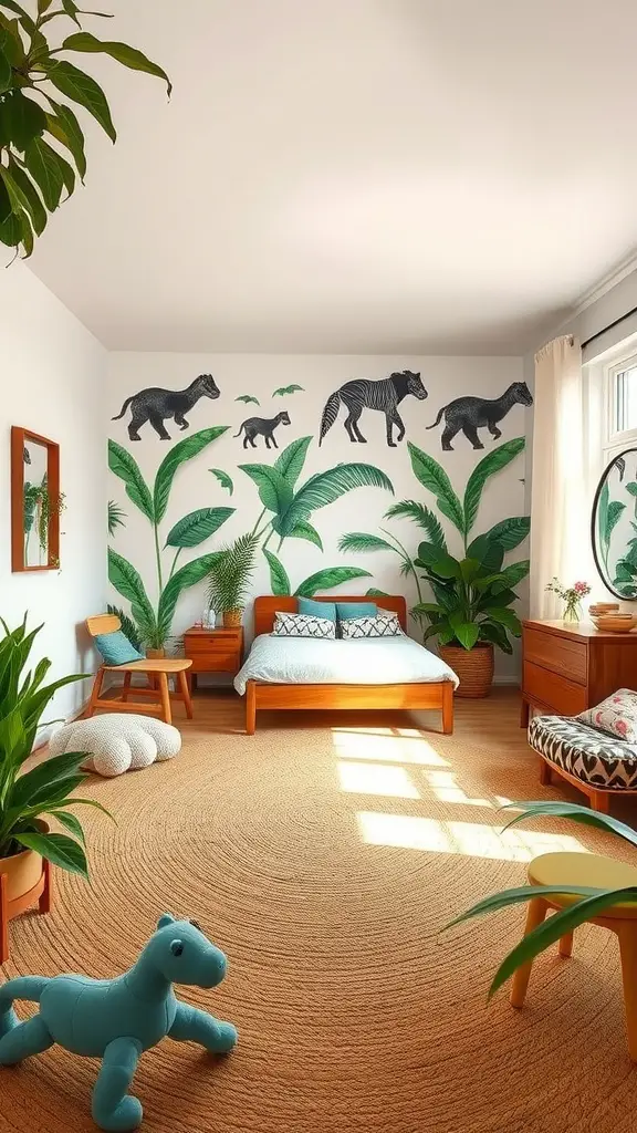 Cozy jungle-themed bedroom featuring a natural fiber rug, plants, and playful decor.