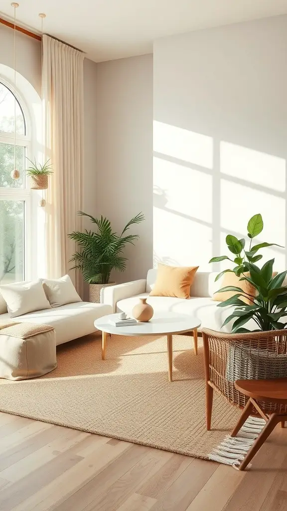 A cozy living room with a natural fiber rug, light furniture, and indoor plants.