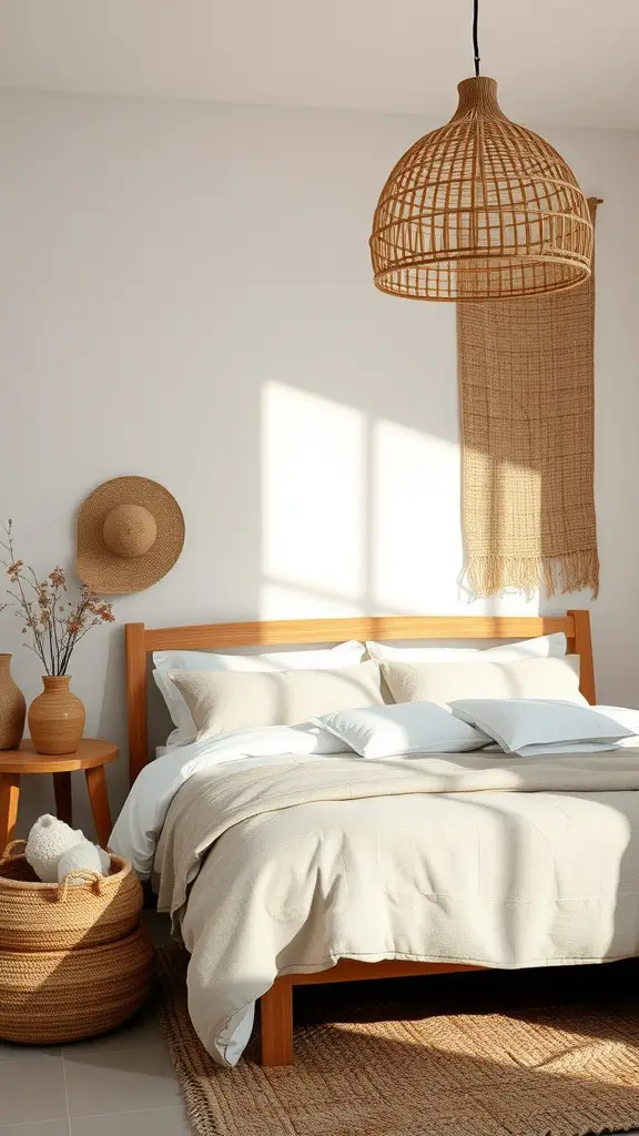 A cozy bedroom featuring natural fiber textiles, warm earthy tones, and a serene atmosphere.