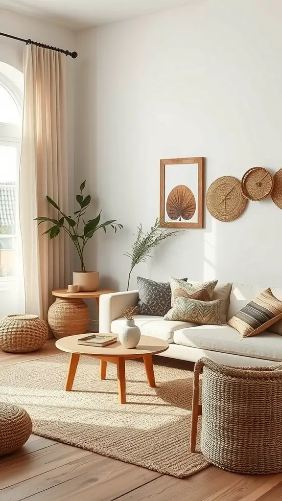 A cozy living room featuring natural fiber textiles, including a jute rug and woven baskets, creating a warm and inviting atmosphere.