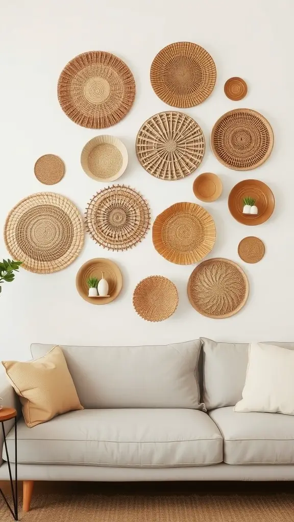 A variety of natural fiber wall baskets arranged on a wall, with a neutral sofa and decorative items
