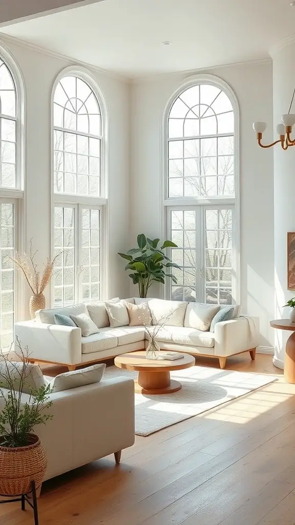 Bright living room with large windows, light furniture, and indoor plants