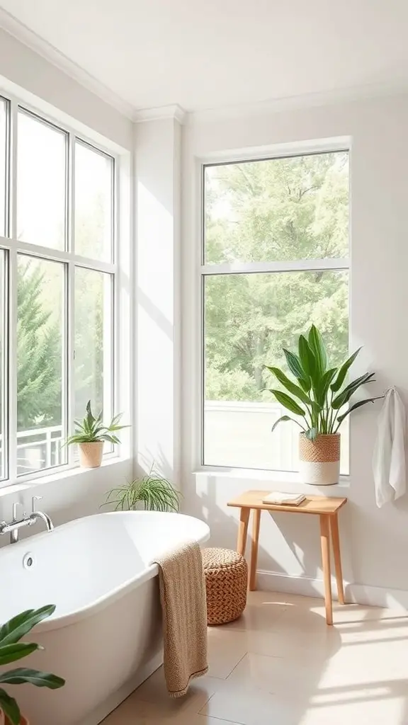 A bright, airy spa bathroom with large windows, a freestanding bathtub, and greenery.