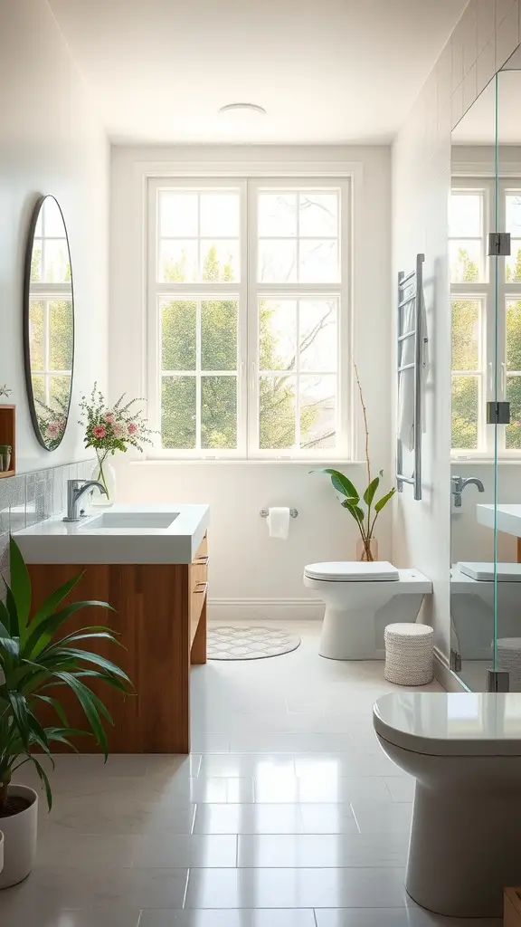 Bright and airy bathroom with natural light from large windows, wooden cabinetry, and plants.