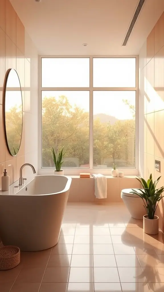 Bright bathroom with large windows and plants, showcasing natural light