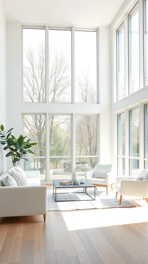 A bright living room with large windows, minimalist white furniture, and plants.