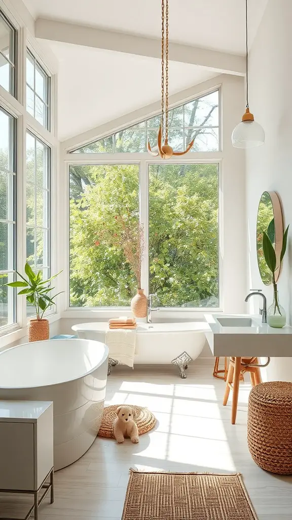 Bright Jack and Jill bathroom with large windows, plants, and earthy decor.