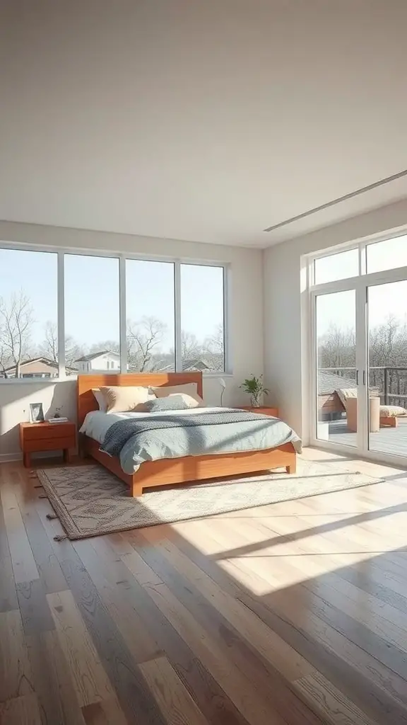 A bright and serene bedroom with large windows allowing natural light, featuring wooden furniture and a cozy decor style.