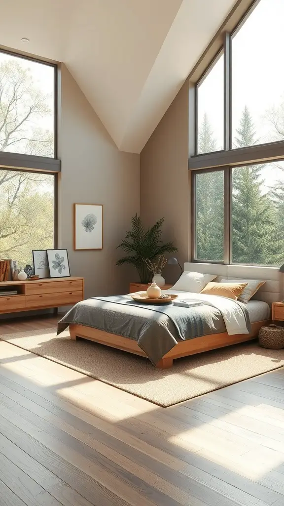 A bright master bedroom with large windows, neutral tones, and wooden furniture, featuring natural light and a cozy atmosphere.