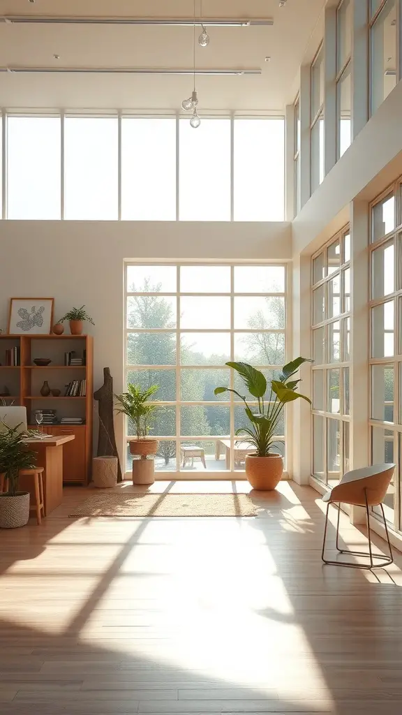 Bright and airy room with large windows, wooden floors, and indoor plants, showcasing the importance of natural light in home decor.