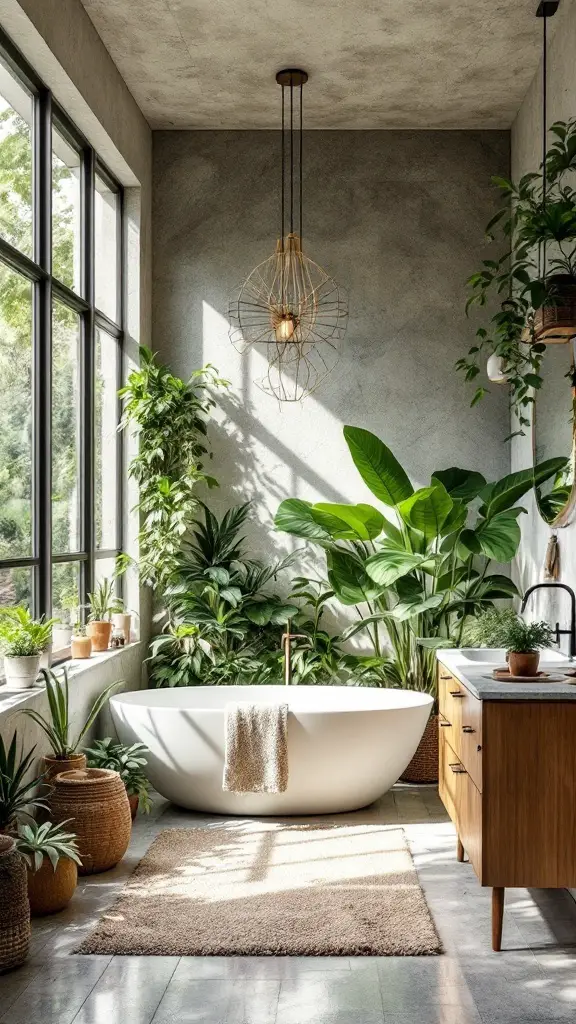 Bright bathroom with large windows, filled with plants and natural light.