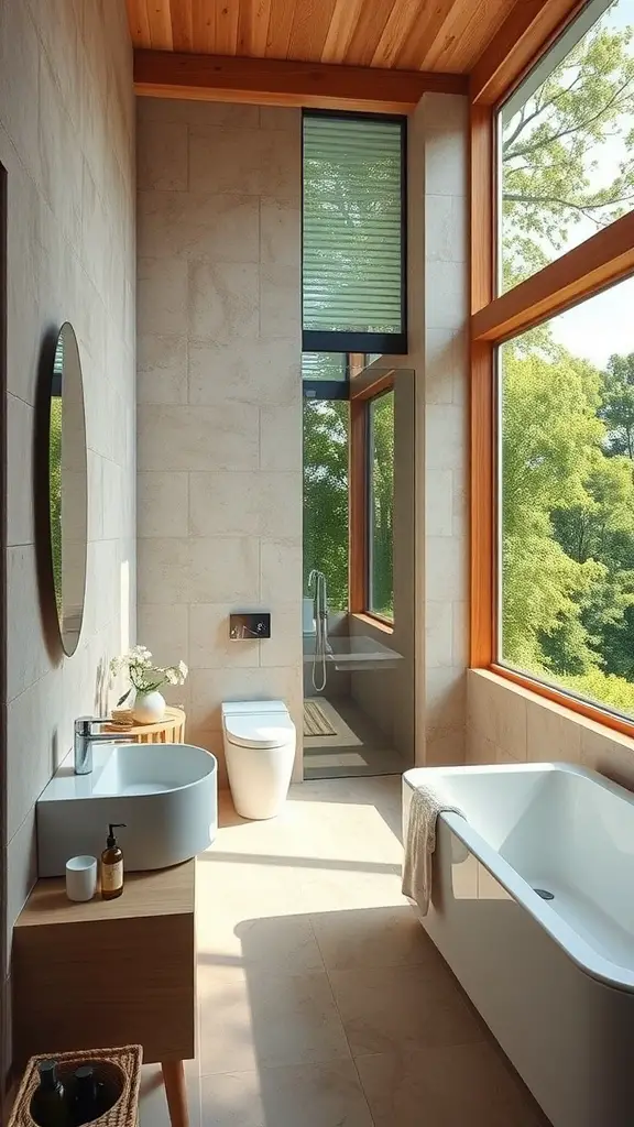 Bright, modern bathroom with large windows offering a view of a tree outside.