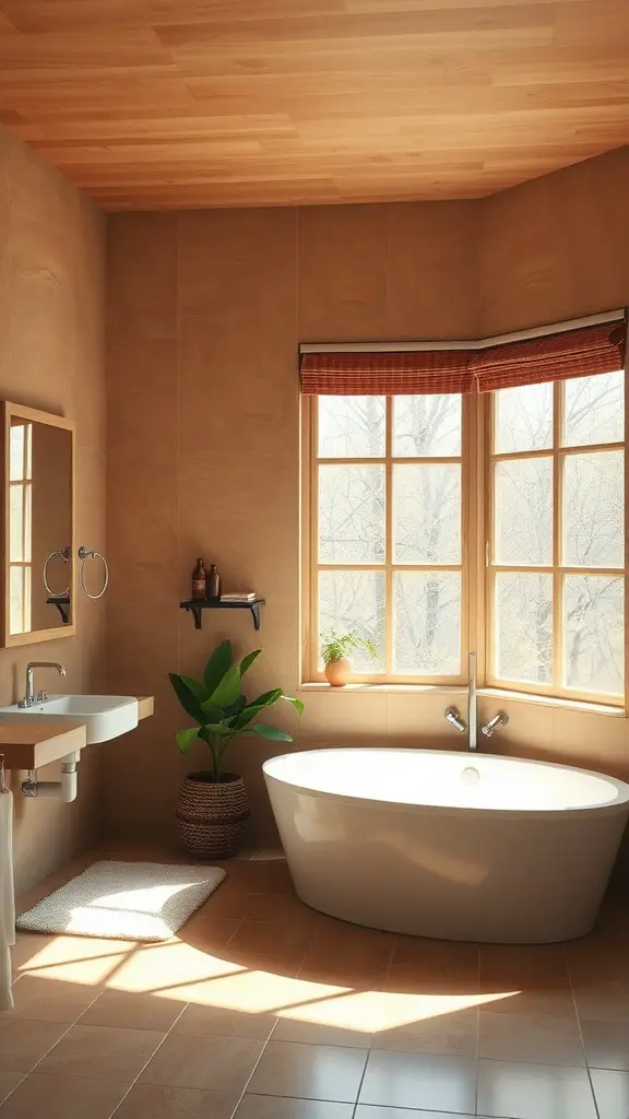 Cozy bathroom with large windows allowing natural light, featuring a bathtub and plants.