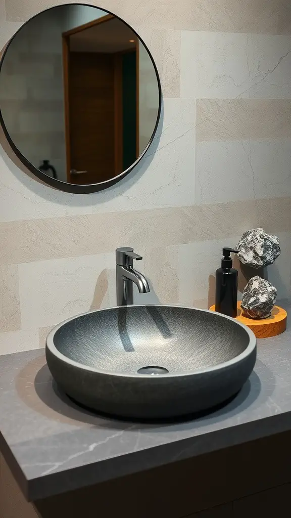 Natural slate bathroom basin with textured finish and wooden elements.