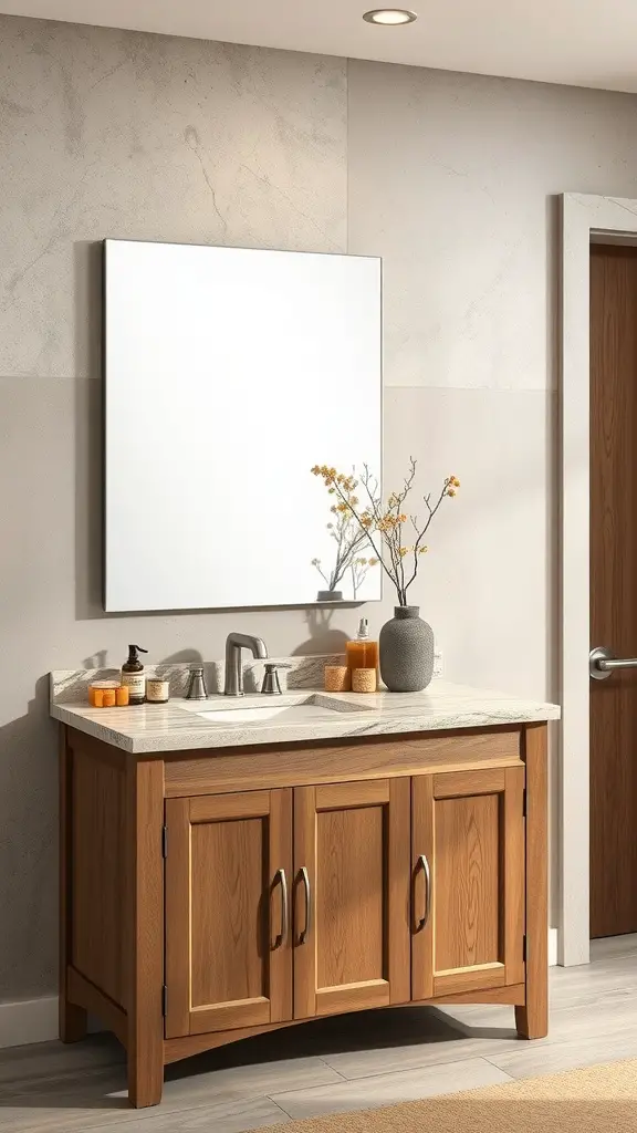 A wooden bathroom cabinet with a natural stone top, decorated with a vase and candles, showcasing a rustic bathroom design.