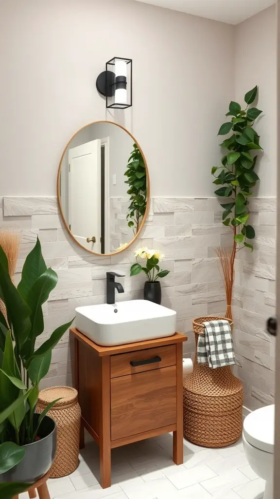 A half bathroom featuring natural stone accents, a wooden vanity, and plants, creating a nature-inspired design.