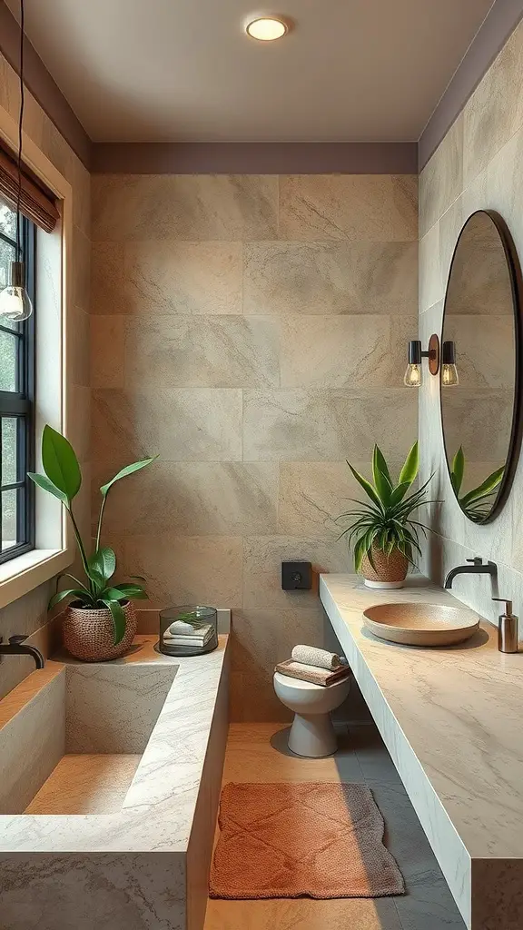 A serene bathroom featuring natural stone accents, a modern bathtub, and greenery