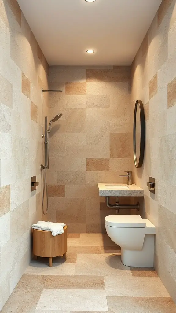 Stylish bathroom featuring natural stone accents in earthy tones