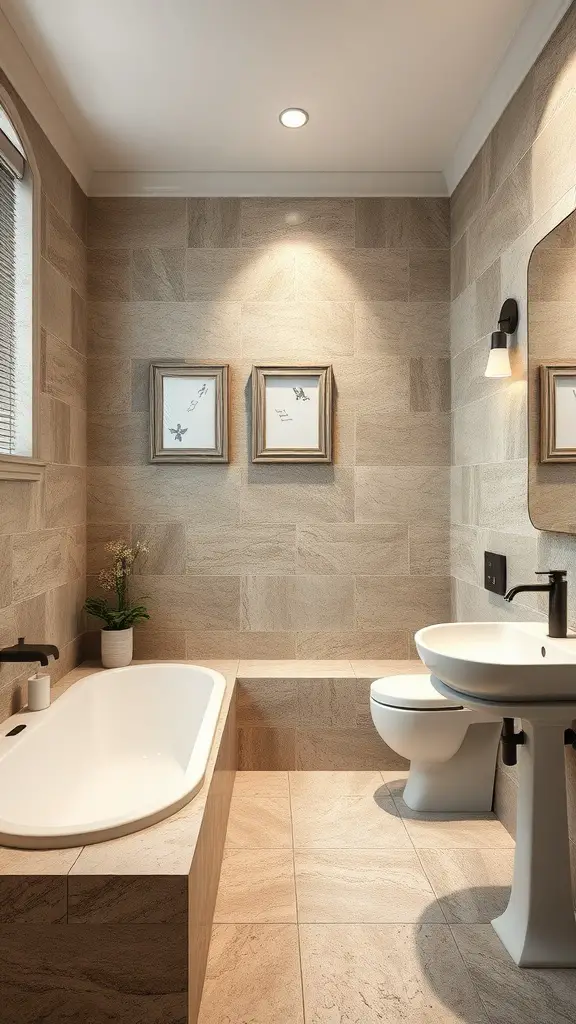 A stylish bathroom featuring natural stone accents on the walls and floor, complemented by white fixtures and a small plant.