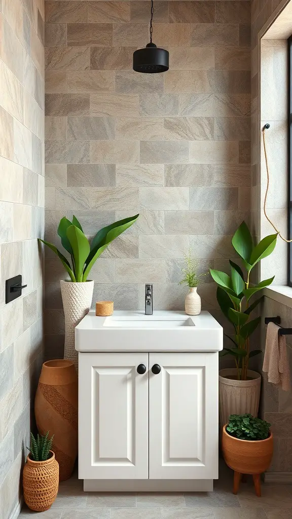 A modern bathroom featuring a white vanity, natural stone accents, and potted plants, creating an earthy and inviting atmosphere.
