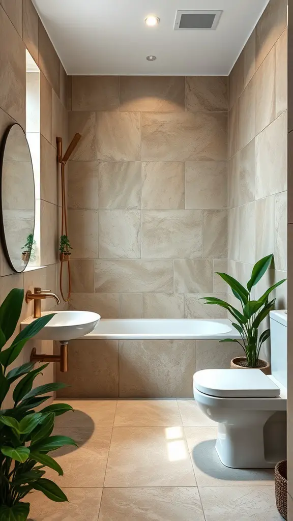 A modern bathroom featuring natural stone accents, potted plants, and a clean, earthy design.