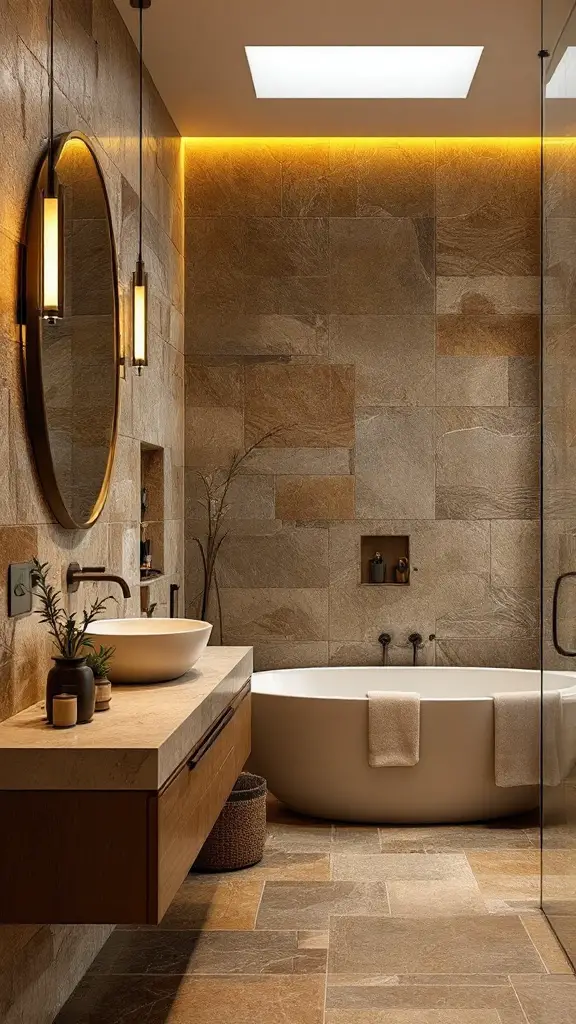 A rustic bathroom featuring natural stone walls, a modern bathtub, and a potted plant.