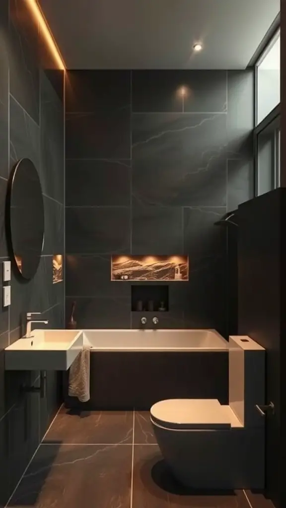 A modern bathroom featuring dark stone accent walls, sleek fixtures, and warm lighting.