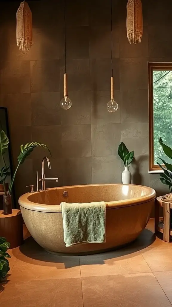 A natural stone bathtub in a modern bathroom with earthy tones and plants