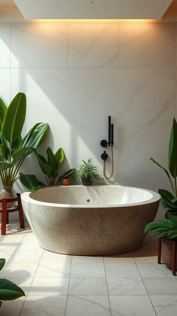 Natural stone bathtub surrounded by plants in a serene bathroom setting.